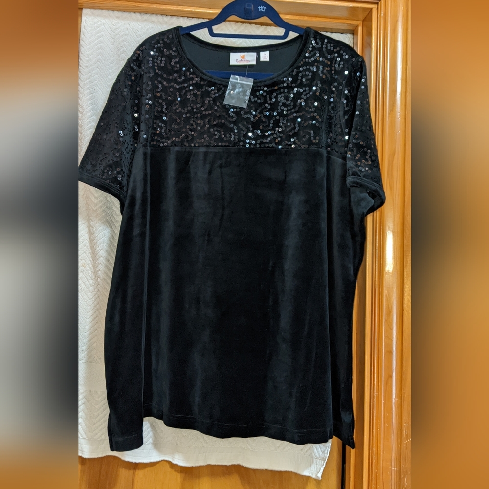Black velvet top with sequins at top.